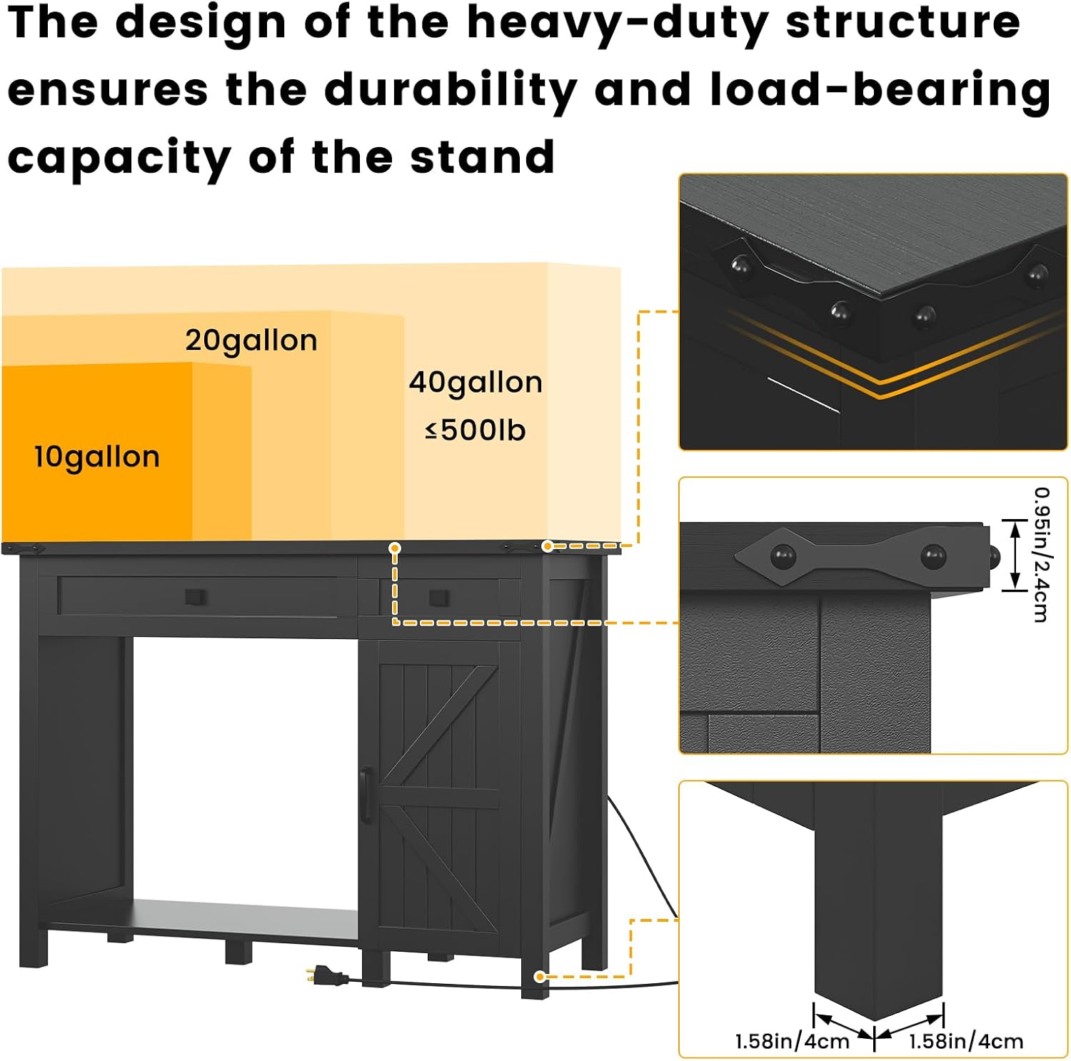 40 Gallon Aquarium Stand With Charging Station, Farmhouse Fish Tank Stand, 30-40 Gallon Reptile Tank Stand Terrarium Stand with Drawer and Cabinet Storage, Sturdy Heavy Duty 41.9"×18.3" Tabletop - Black