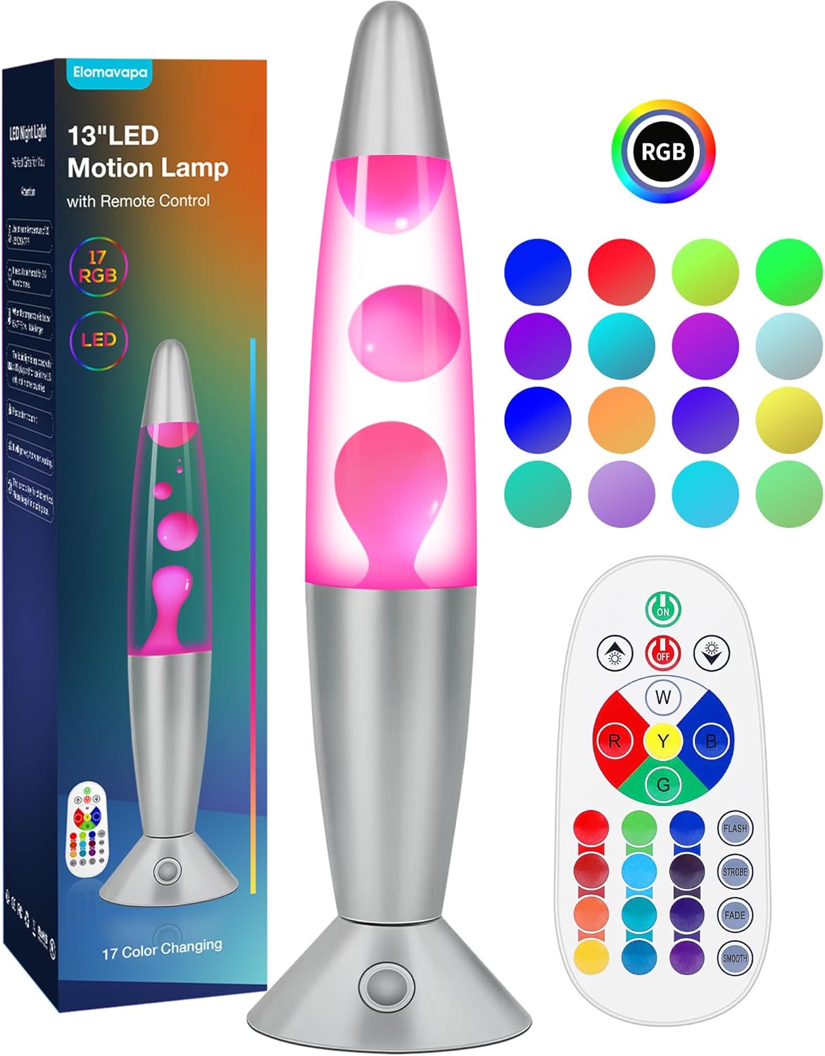 17 Colors Changing Liquid Motion Lamp with Remote: 13.5" Pink LED Night Light for Kids Adults - Relaxing Table lamp for Bedroom Office - Glitter Mood Lighting for Home Decor Christmas Decorations