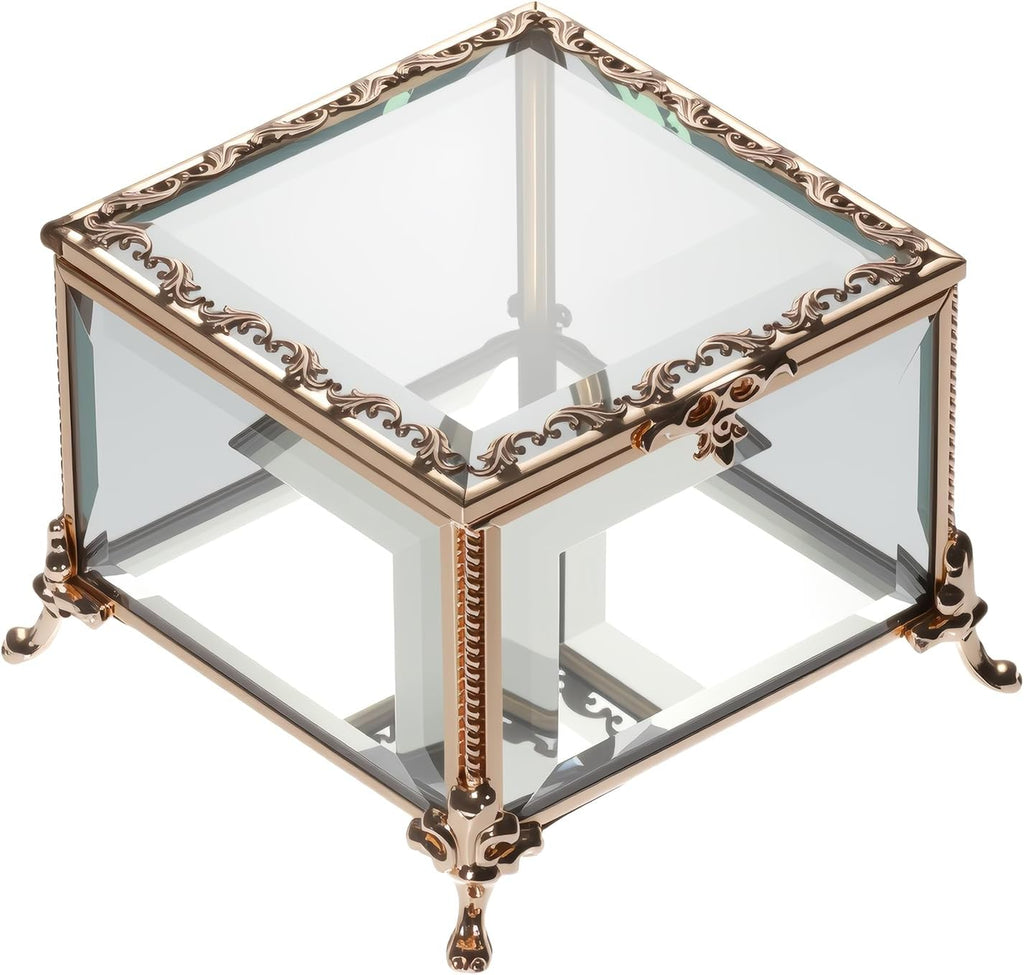 Glass Vintage Jewelry Box Keepsake storage Trinket Ring Display Box Home Decor Beveled Clear Glass Box Organizer(4.6x4.6x3.2Inches)