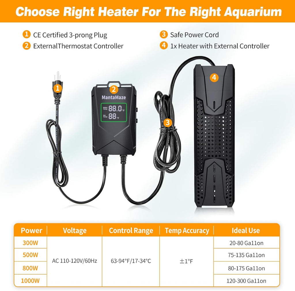 Aquarium Heater 300W/500W/800W/1000W for 20-300 Gal, Fish Tank Heater with Intelligent Leaving Water Automatica Stop Heating and Overheating Protection, for Freshwater & Saltwater