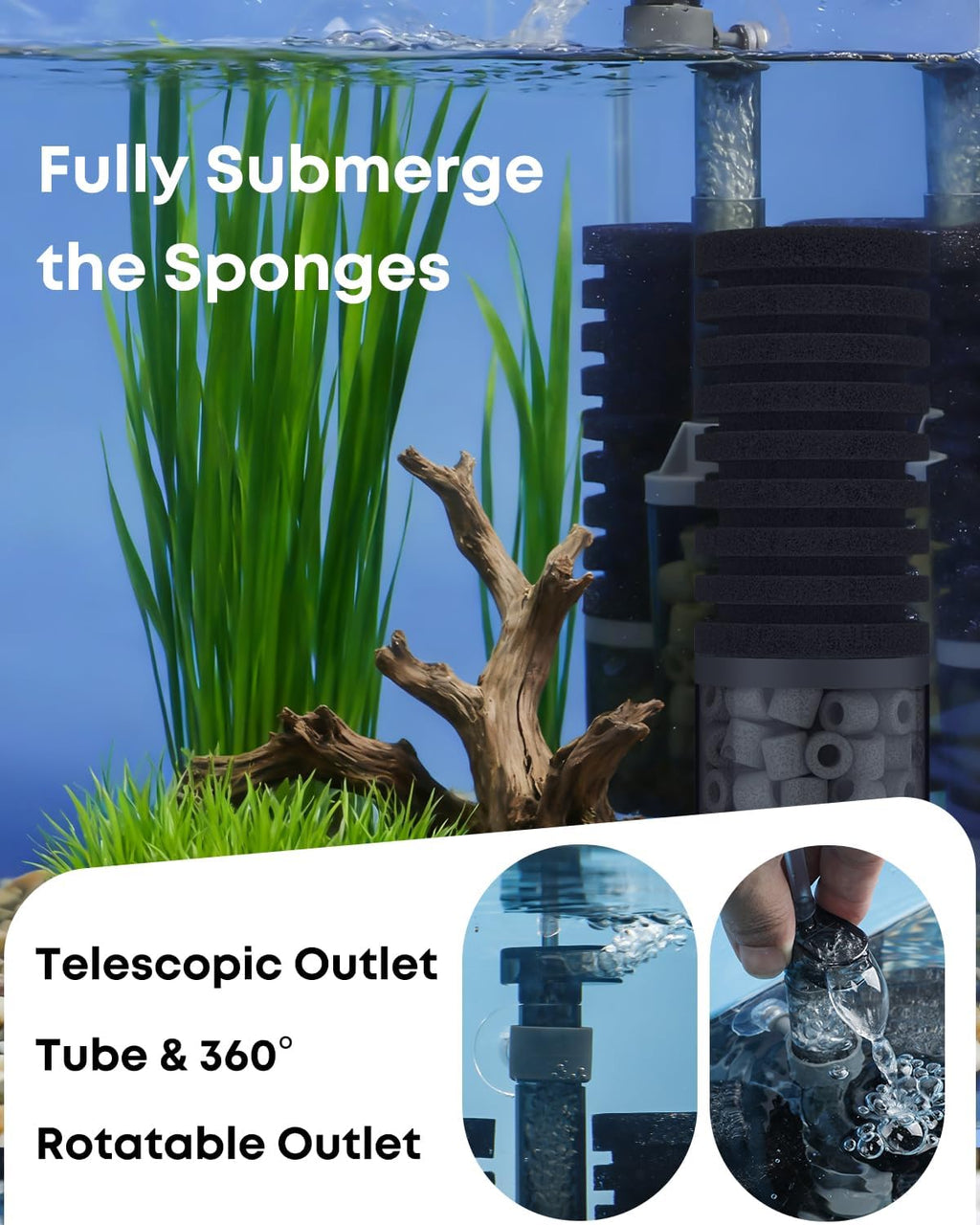 Pawfly Aquarium Sponge Filter, Fish Tank Filter, Submersible Small Aquarium Filter with Double Foams & Ceramic Rings, Quiet Bio Sponge Filter for 15-55 Gallon Tanks