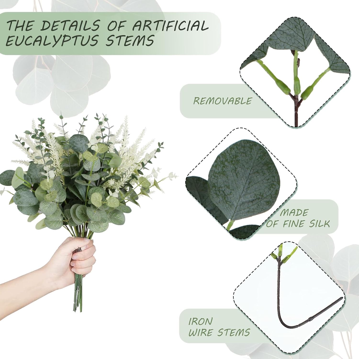 Artificial Eucalyptus Leaves Stems 120 Pcs 4 Kinds Mixed Fake Silver Dollar Eucalyptus Leaves Stem Bulk Faux Leaf for DIY Bouquets Floral Arrangement Wedding Home Decor