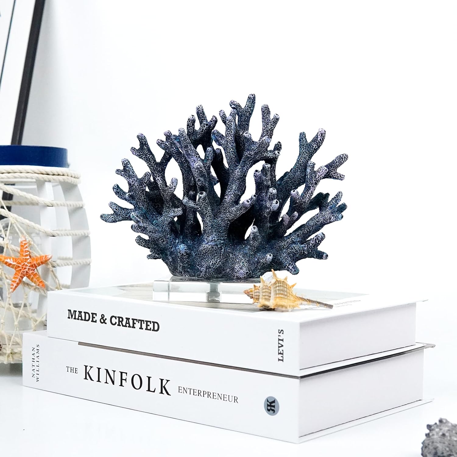 Coral Reef Beach Decor,6.3'' High x 7.5'' Width Artificial Resin Coral Reef Statue for Ocean Coastal Beach Nautical Themed Room Bathroom Decor for Home,RB1001B,Blue