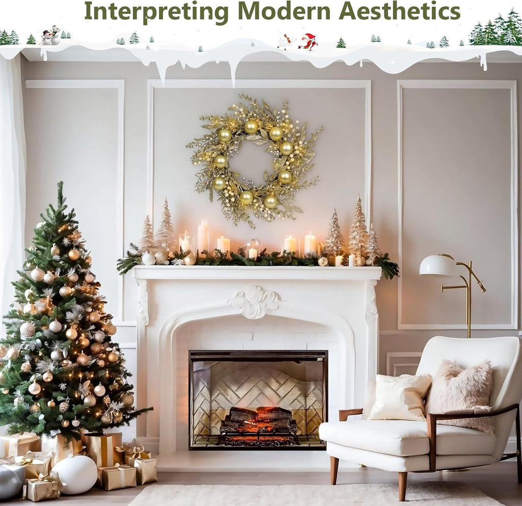 Christmas Wreath Artificial Christmas Wreath with Golden Balls, Off-White Berries and Led Lights Suitable for Decorating Doors, Windows.