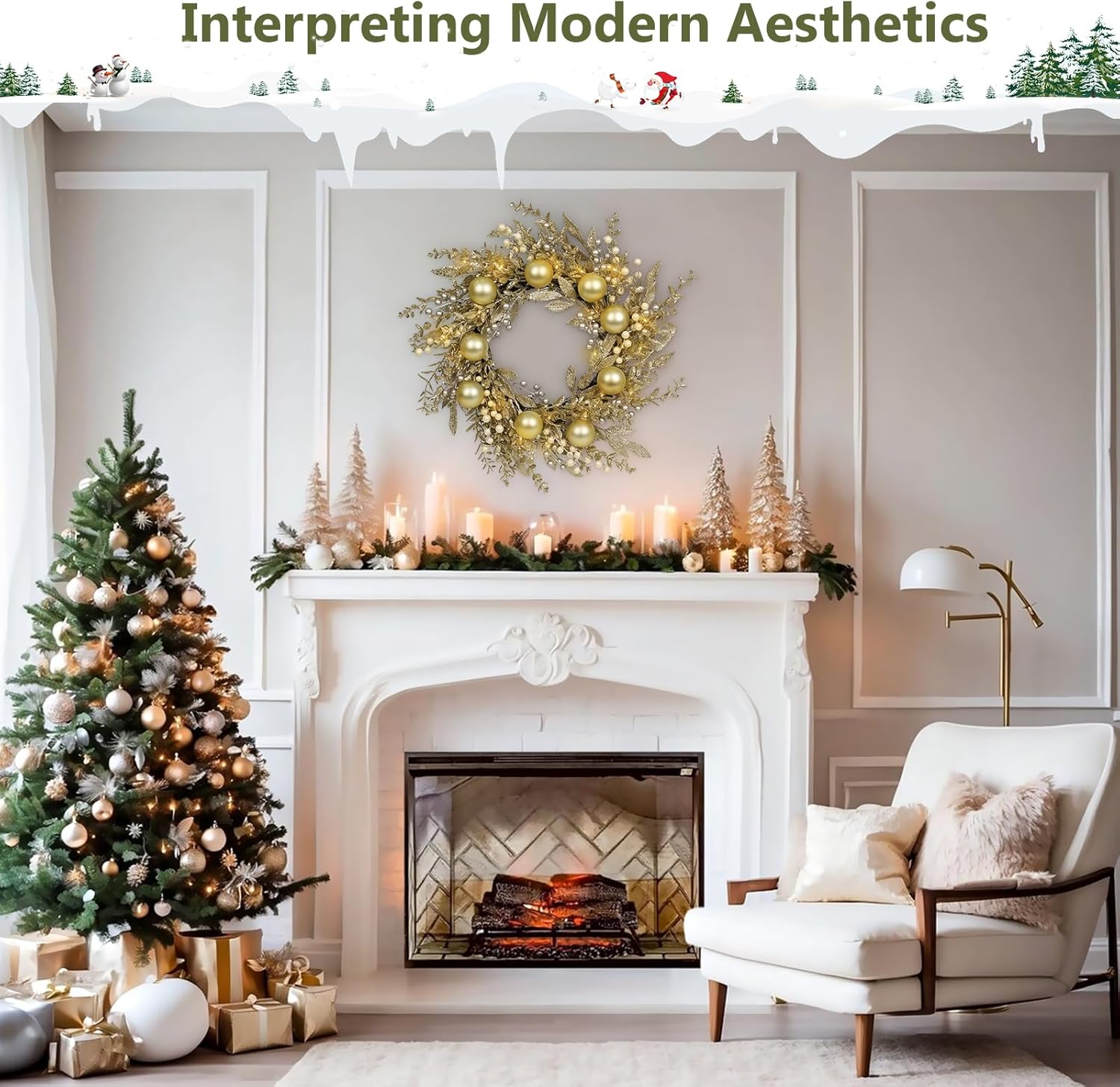 Christmas Wreath Artificial Christmas Wreath with Golden Balls, Off-White Berries and Led Lights Suitable for Decorating Doors, Windows.