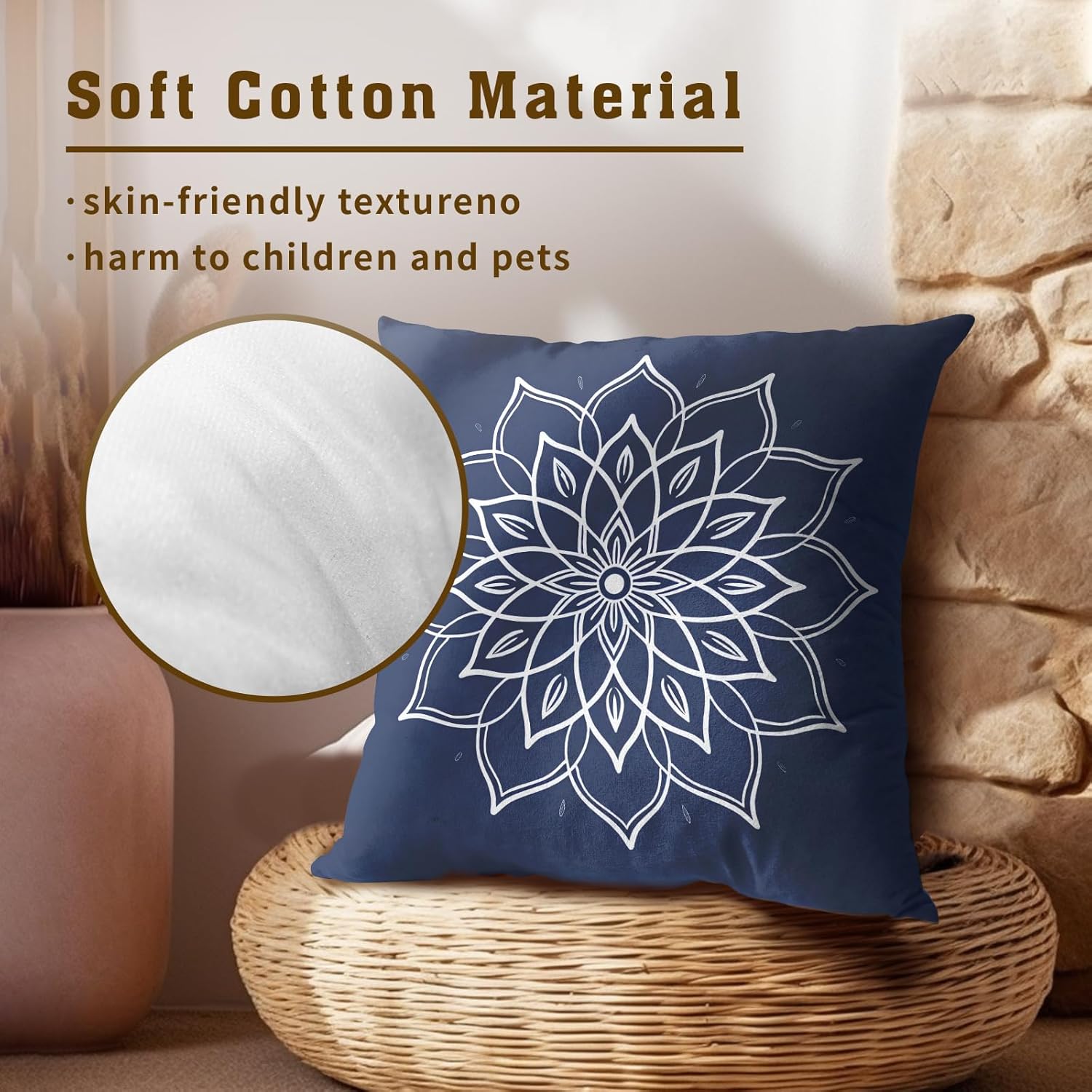 Mandala Navy Blue Throw Pillow Covers Set of 2 All-Season Soft Boho Lotus Flower Pillowcases with Hidden Zipper,Durable for Sofa Bed Car Decor & Gift Luxury 18x18Inch