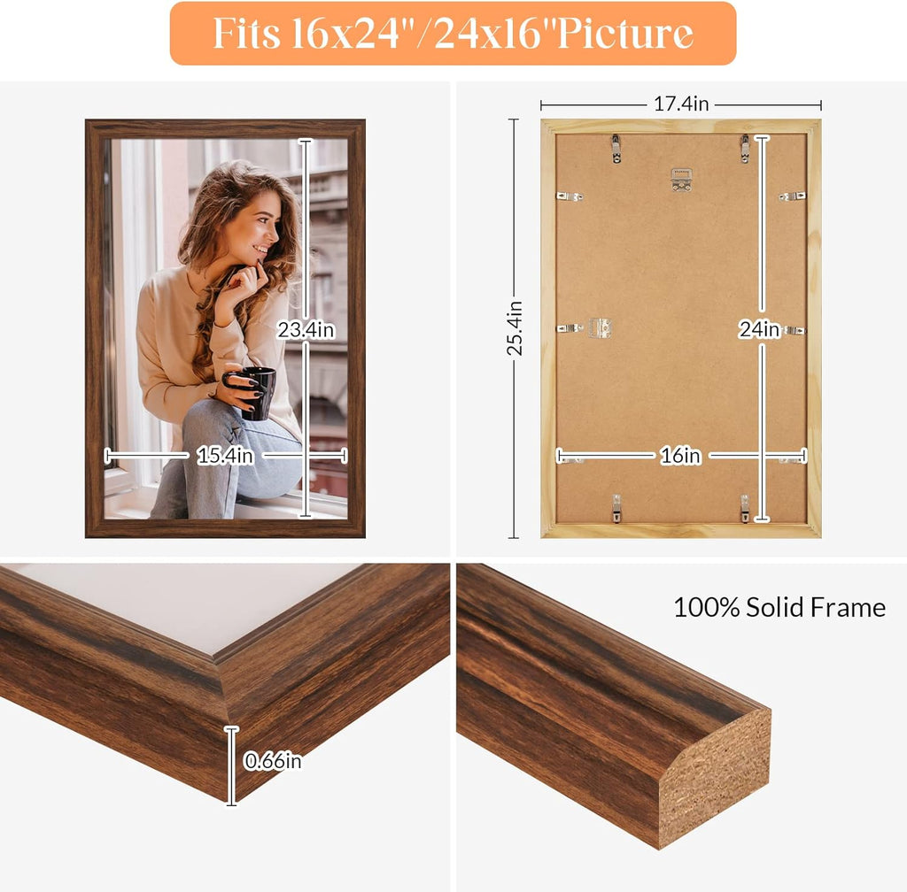16x24 Wood Frame Brown, Rustic Natural 24x16in Woodgrain Picture Poster Frame, Modern Brown 16 x 24inch Gallery Wall Photo Frame with HD Plexiglass, Horizontal Vertical Wall Mounting Display 1pcs