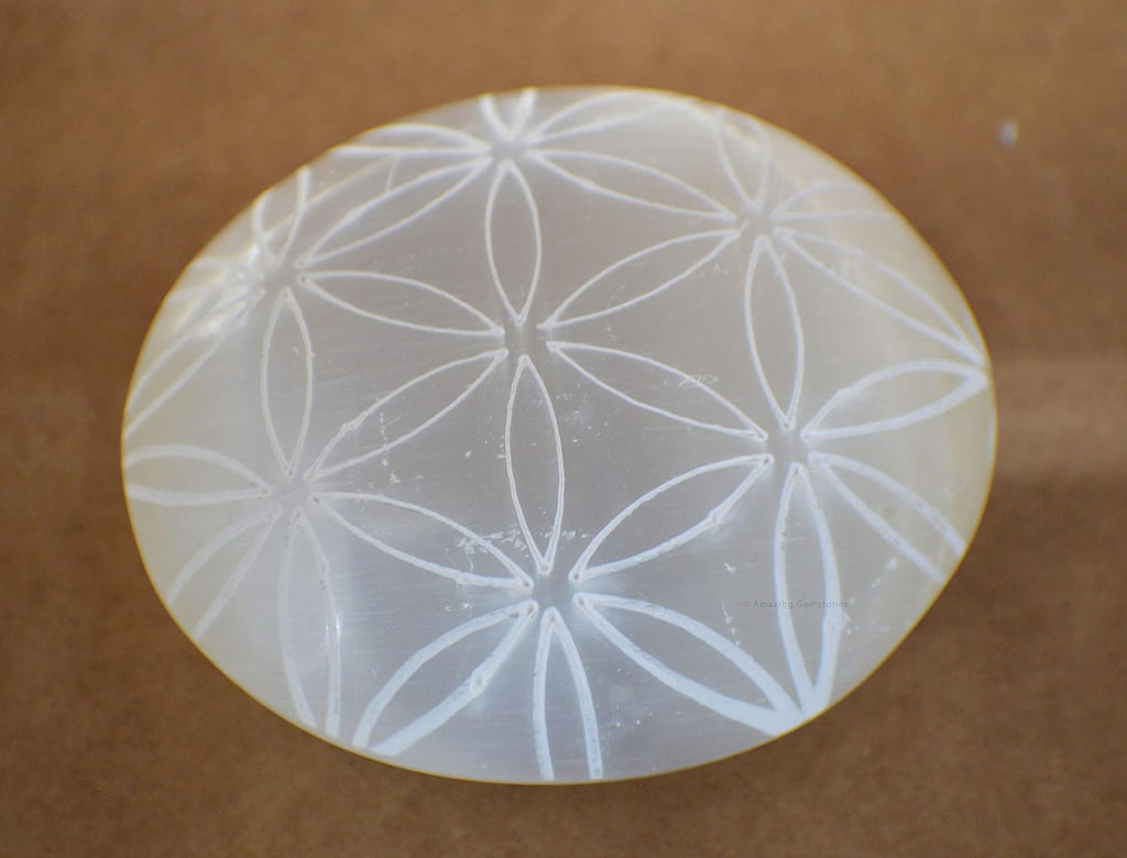 Amazing Gemstone Selenite Palm Stone - Flower of Life Engraved Hot Massage Worry Stone for Natural Body Chakra Balancing, Reiki Healing and Crystal Grid