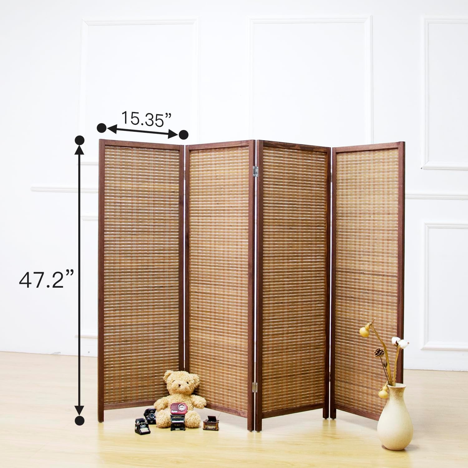 4 Panel Room Divider Short Folding Screen Divider,Double Sided Bamboo Divider Screen for Room Separation,Brown,47.2" H x 61.4" W