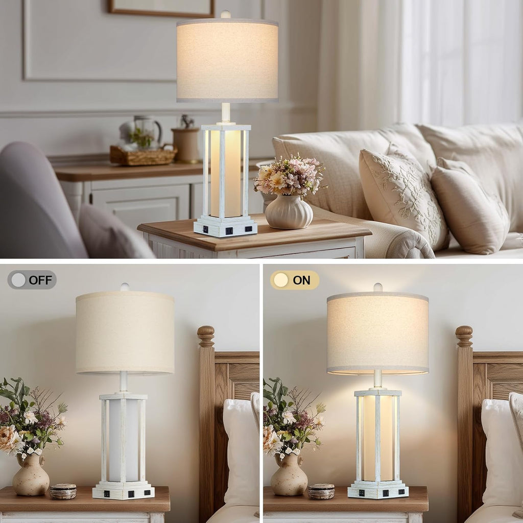 27" Tall Vintage Table Lamp Set of 2 with USB C+A & Outlet,Nightstand Lamp for Living Room,Bedside Lamps with Frosted Glass Night Light for Bedroom Entryway,White