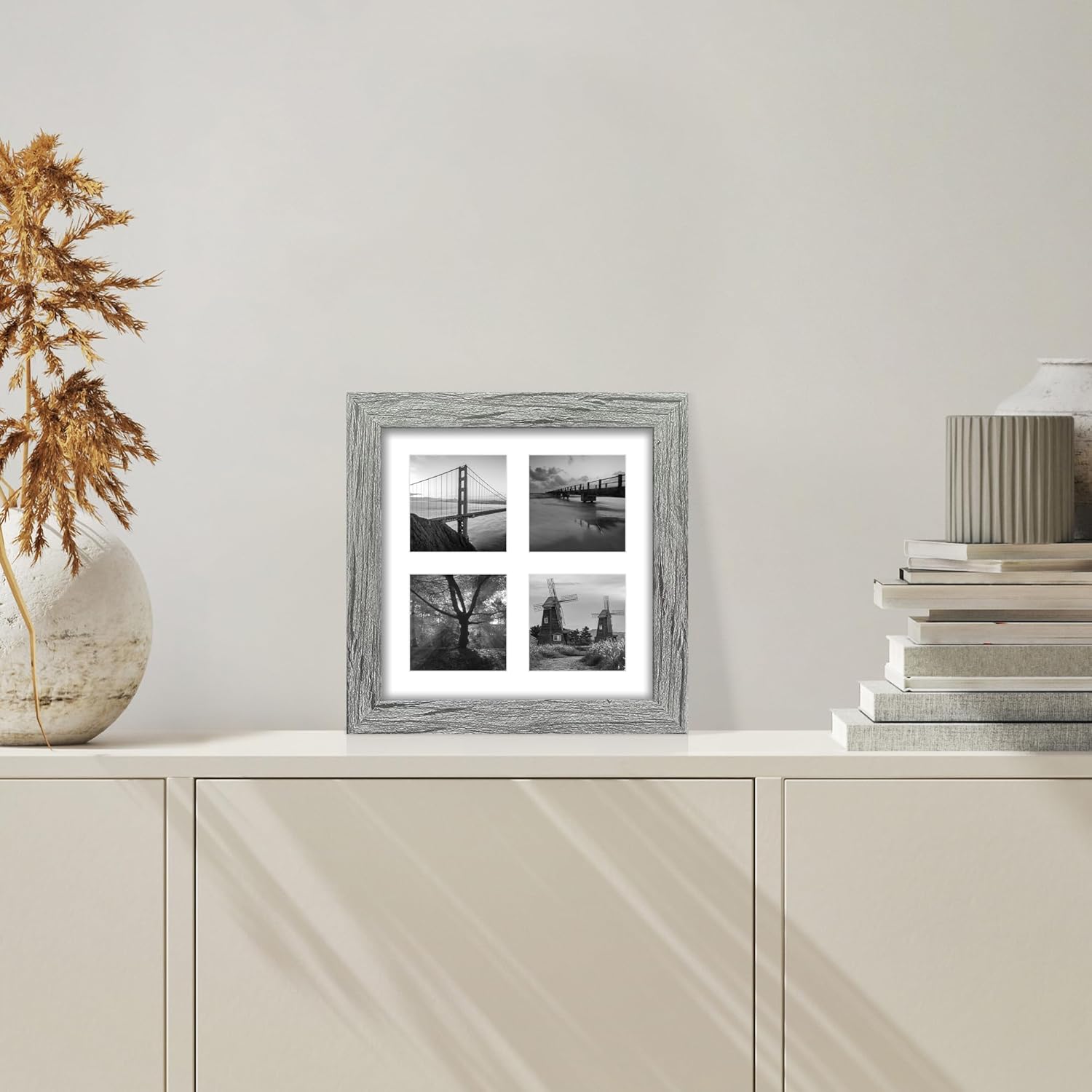 8x8 Picture Frame Set of 2, with Glass and Grey Wood Frames, Display Collage Four Opening 3x3 With Mat or 8 x 8 Without Mat for Wall Hanging or Tabletop