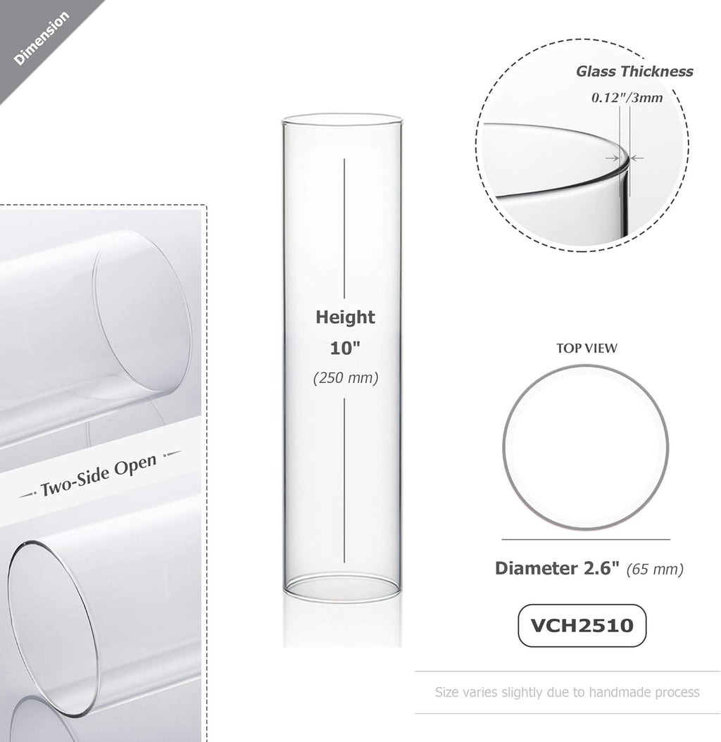 WGVI Hurricane Candle Holder Sleeve, Wide 2.5", Height 10", Clear Glass Cylinder Candleholder, Chimney Tube, Open Ended Candle Shade, 6 Pieces Bulk