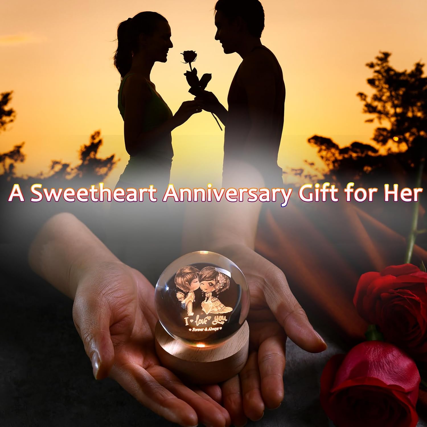 IFOLAINA 3D Couple Crystal Ball Valentine's Gifts for Her 2.36" Engraved Glass Couple Sphere Gifts with Colorful Lighted Base Decorative Glass Ball Romantic Anniversary Decor Wife Birthday Gifts