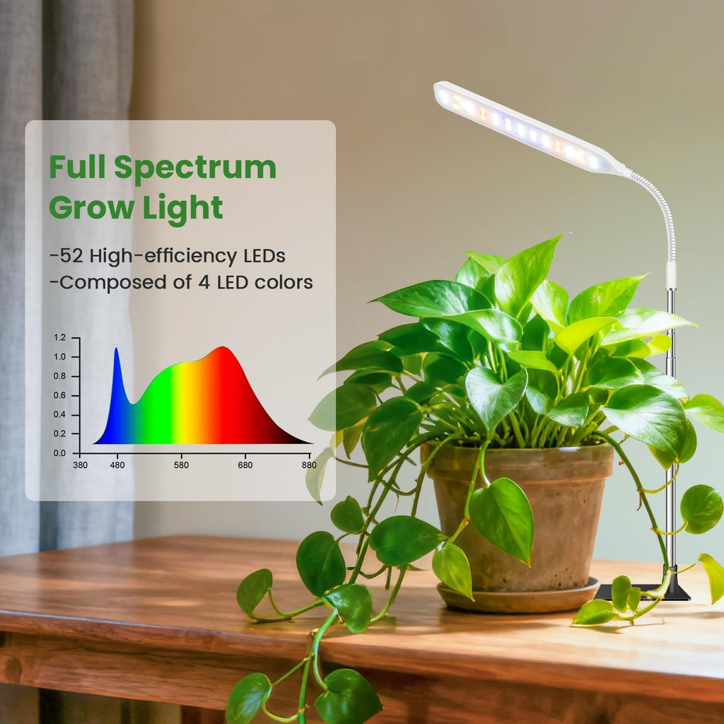 Wolezek Grow Light for Indoor Plants, 52 LEDs Full Spectrum Plant Grow Light with Base, Height Adjustable Grow Lamp with Auto Timer 6/12/16H, 5 Dimmable Brightness, for Small Plants, White, 1-Pack