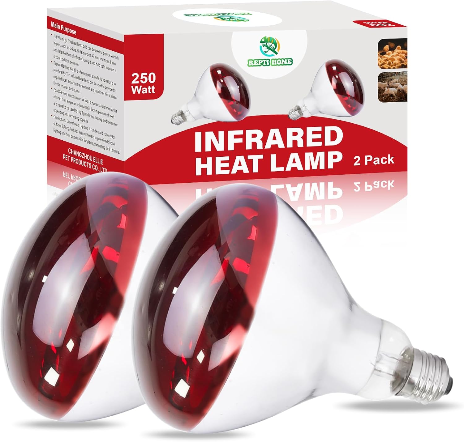 250W Infrared Heat Lamp for Chicken, Red Heat Light Bulb R125 2 Pack, Heat Lamp Bulb for Chick Croop, Reptiles, Pets, Food