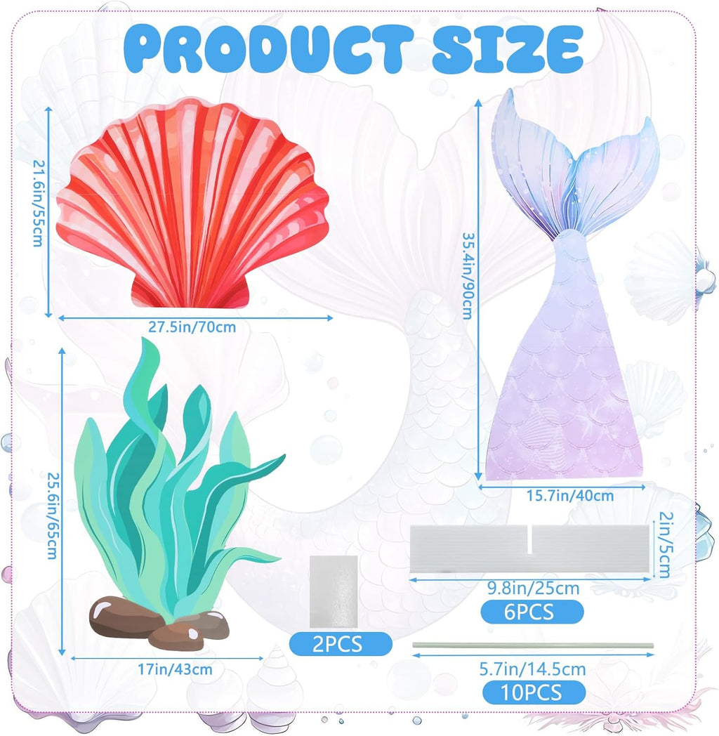 3 Pcs Large Sea Party Stand Decor, Under The Sea Sign Stand Party Decorations Set Mermaid Tail Seaweed with Brackets for Ocean Mermaid Theme Birthday Photography Props Decor