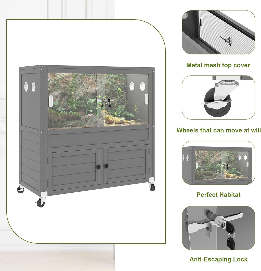 40 Gallon Reptile Tank with Stand,Wooden Bearded Dragon Tank with Large Storage Cabinet,Reptile Enclosure with Lock and Wheels,Snake Tank Also Fit for Lizards,Geckos