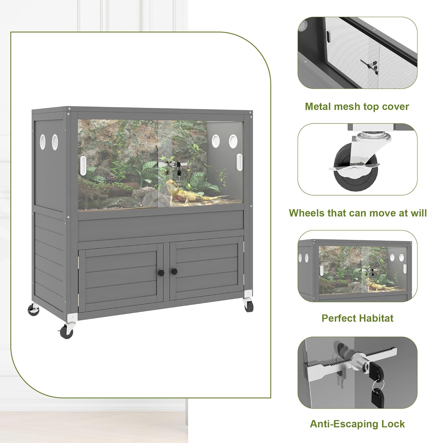 40 Gallon Reptile Tank with Stand,Wooden Bearded Dragon Tank with Large Storage Cabinet,Reptile Enclosure with Lock and Wheels,Snake Tank Also Fit for Lizards,Geckos