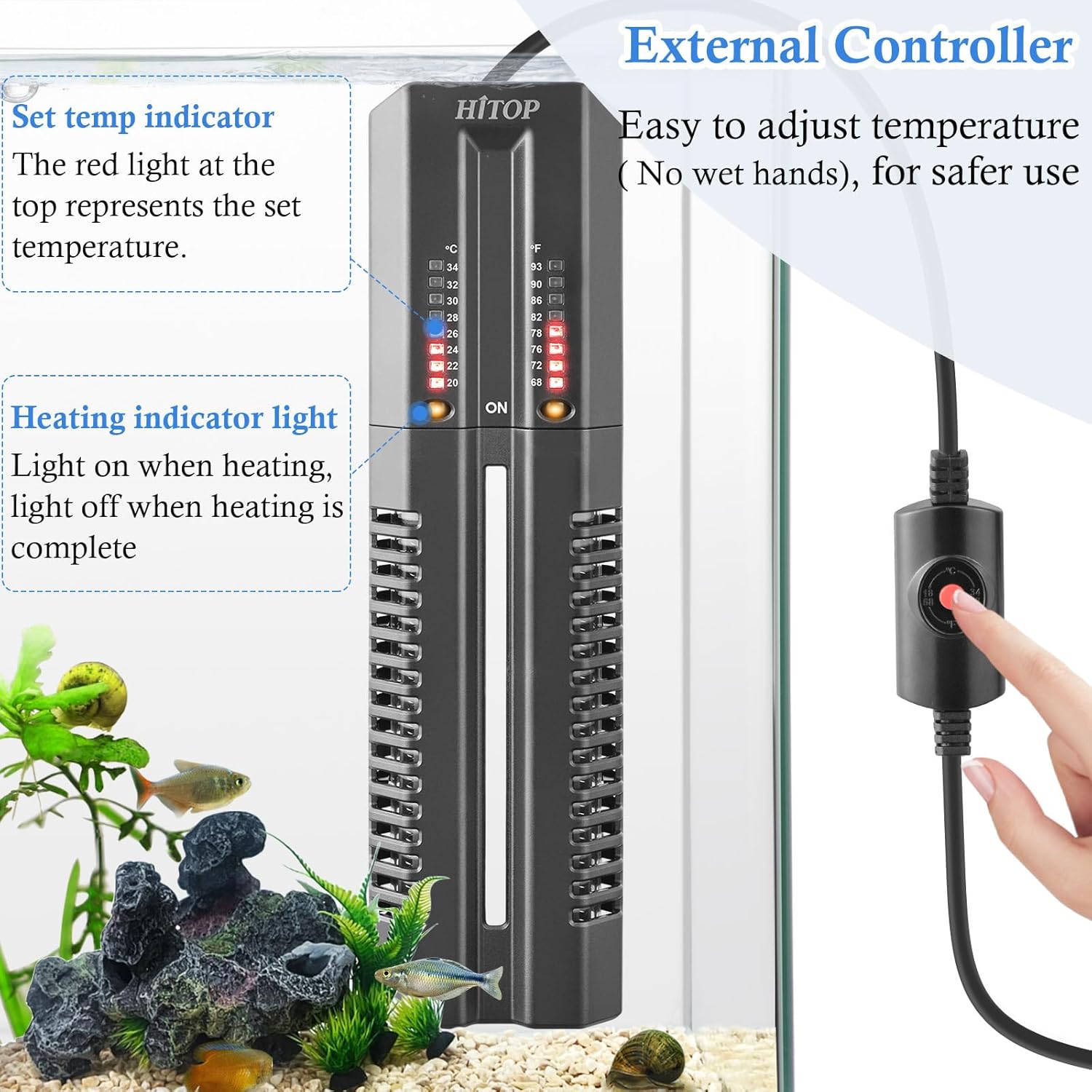HITOP 400W 600W Submersible Aquarium Heater, Fish Tank Heater with External Controller and Cover, Large Heater for Seawater/Fresh Water Aquarium