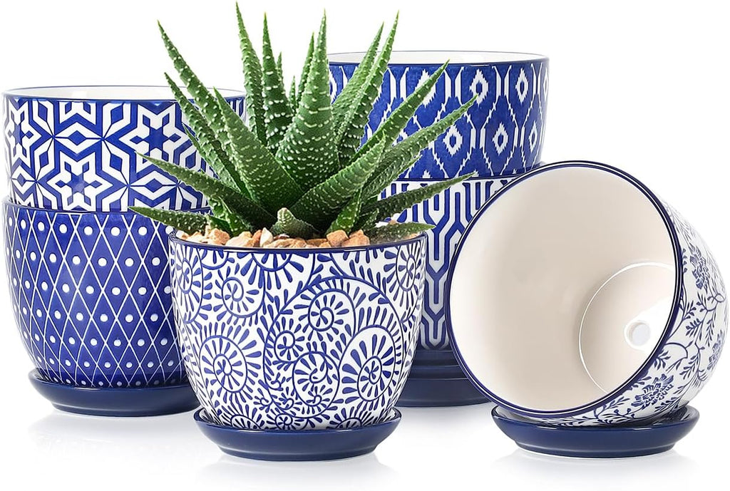 Selamica Ceramic Succulent Pots, 4.6 Inch Small Plant Pots with Drainage Holes & Saucers, Succulent Planters for Indoor Plants Cactus, Home Decor, Set of 6, Vintage Blue