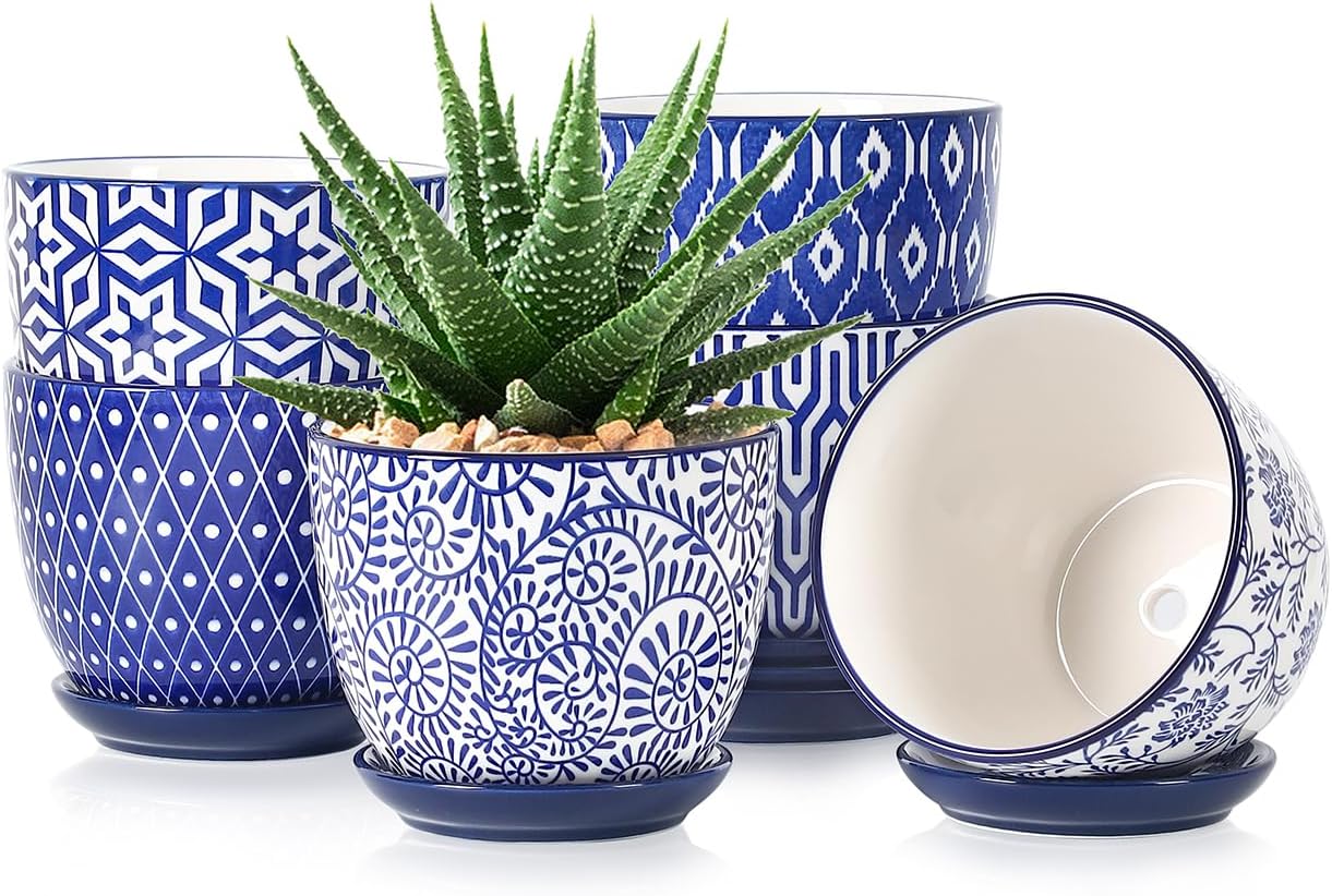 Selamica Ceramic Succulent Pots, 4.6 Inch Small Plant Pots with Drainage Holes & Saucers, Succulent Planters for Indoor Plants Cactus, Home Decor, Set of 6, Vintage Blue