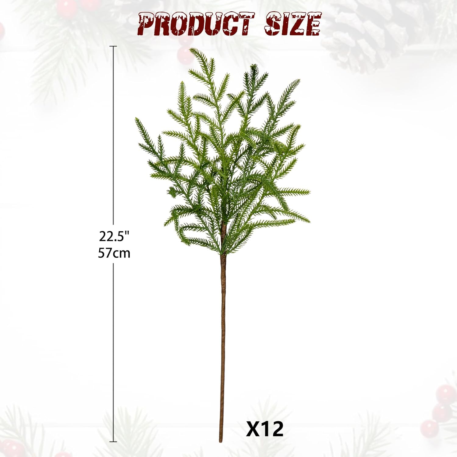 Briful 12PCS Christmas Norfolk Pine Branches Real Touch Norfolk Pine Stems DIY Crafts Artificial Christmas Norfolk Pine Branches for Xmas Garland Wreaths Indoor Outdoor Decor(22.5 Inches)