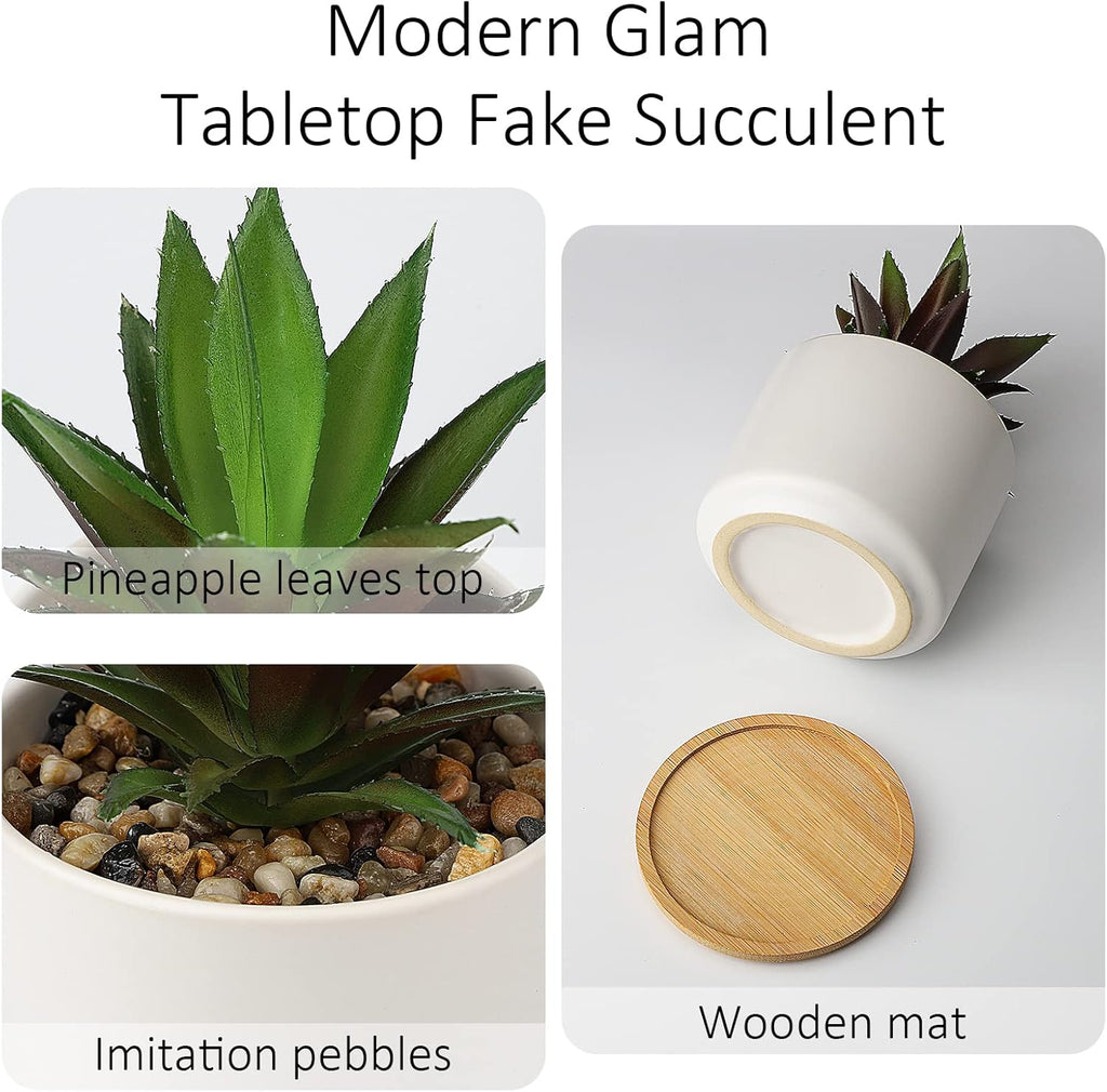 Hopewood Artificial Succulents in Pot, Fake Potted Pineapple Succulents Plants with Ceramic Pot and Wooden Tray, Potted Artificial Plants for Home, Office Desk and Bathroom Decor 6.8inch×4.3inch