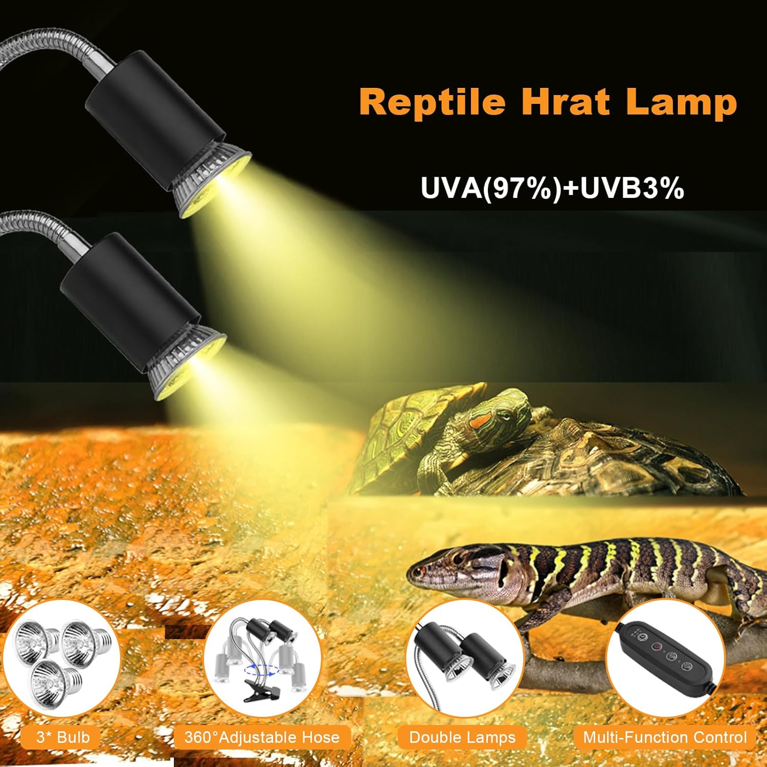 Reptile Heat Lamp,Double-Head Heating Lamp for Reptiles, UVA/B Turtle Lamp with Clamp, Separate Control, Turtle Light,Basking Light for Reptiles Bearded Dragon Turtle Snake, 3 Basking Bulbs.