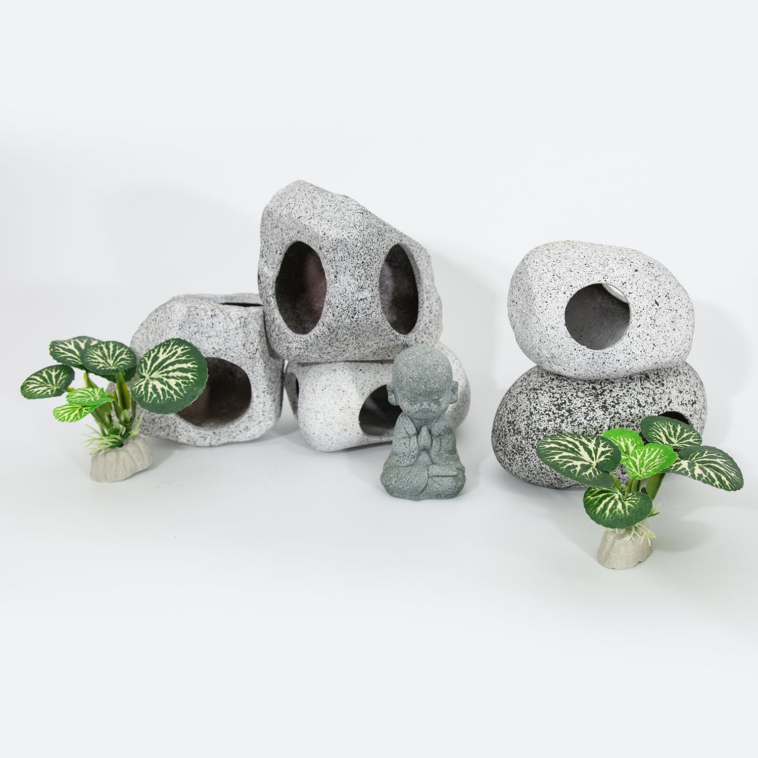 Aquarium Decorations Rock Caves Decor Betta Fish Tank Accessories 5PCS Hideout Stones House, 1PCS Aquarium Buddha Statue Decorations with Plastic Plants for Aquatic Pets Hide