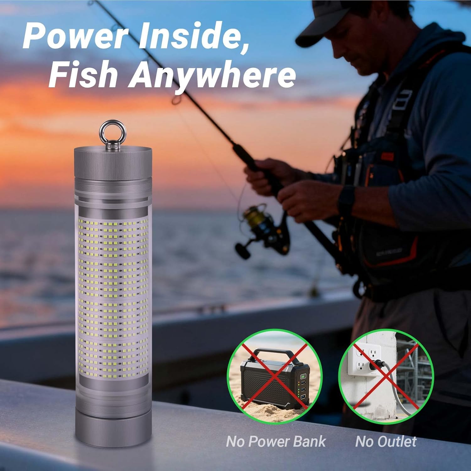 Rechargeable Underwater Fishing Light, Built-in Battery & Cordless, Remote Dimmable, Auto-On in Water, IP68 Waterproof, Multi-Color, Suitable for Boat, Dock, Freshwater, and Saltwater