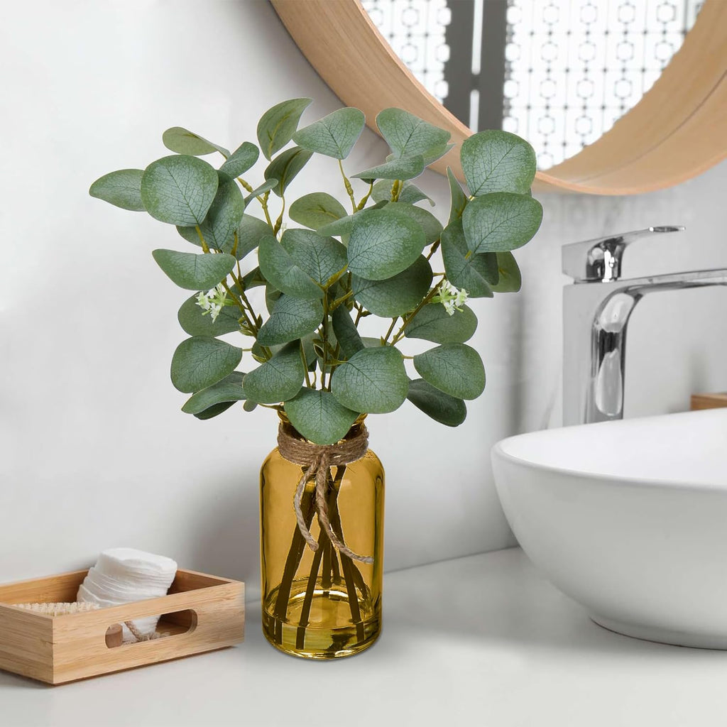 Briful Artificial Eucalyptus Stems in Amber Glass Vase with Faux Water, 14" Fake Plant Eucalyptus Leaves for Home Office Farmhouse Wedding Centerpiece Décor