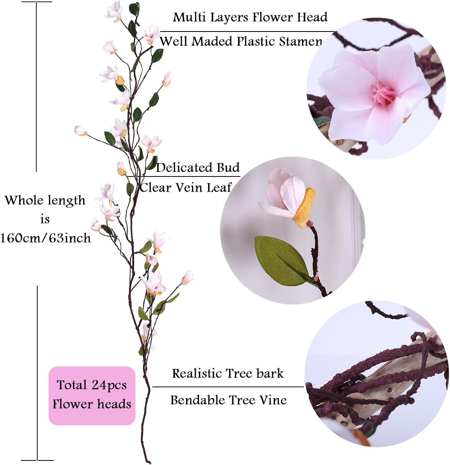 160cm/63inch Bendable Artificial Magnolia Flower Tree Branches Garland Orchid Door Hanging Floral Vines Wreath for Wedding Sign Arch Wall Backdrop Home Garden Mantel Decoration (Pink)