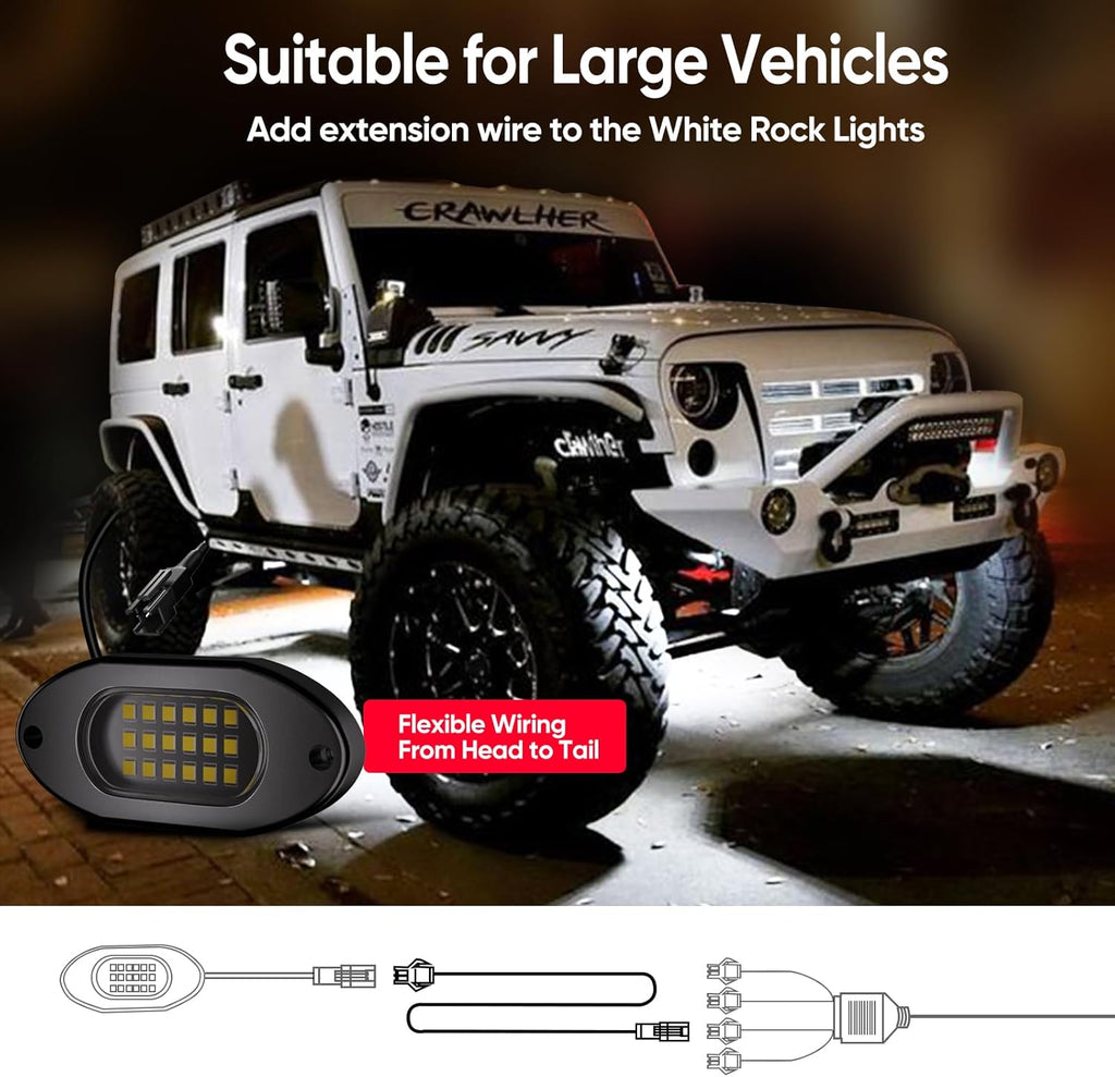 Honalia Pure White Rock Light Extension Wire 4 PCS, Extension Cable 47 Inch 2 Pin, 6000K White LED Rock Lights for Trucks UTV ATV RZR Golf Cart