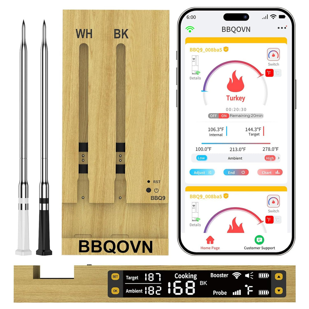WIFI Wireless Meat Thermometer Unlimited Range 7 NIST Certified Accuracy Sensors Sub-1G(10X Stronger than Bluetooth)APP&Magnetic Smart Digital Base for BBQ,Oven,Smoker,Grill (2, black, small)