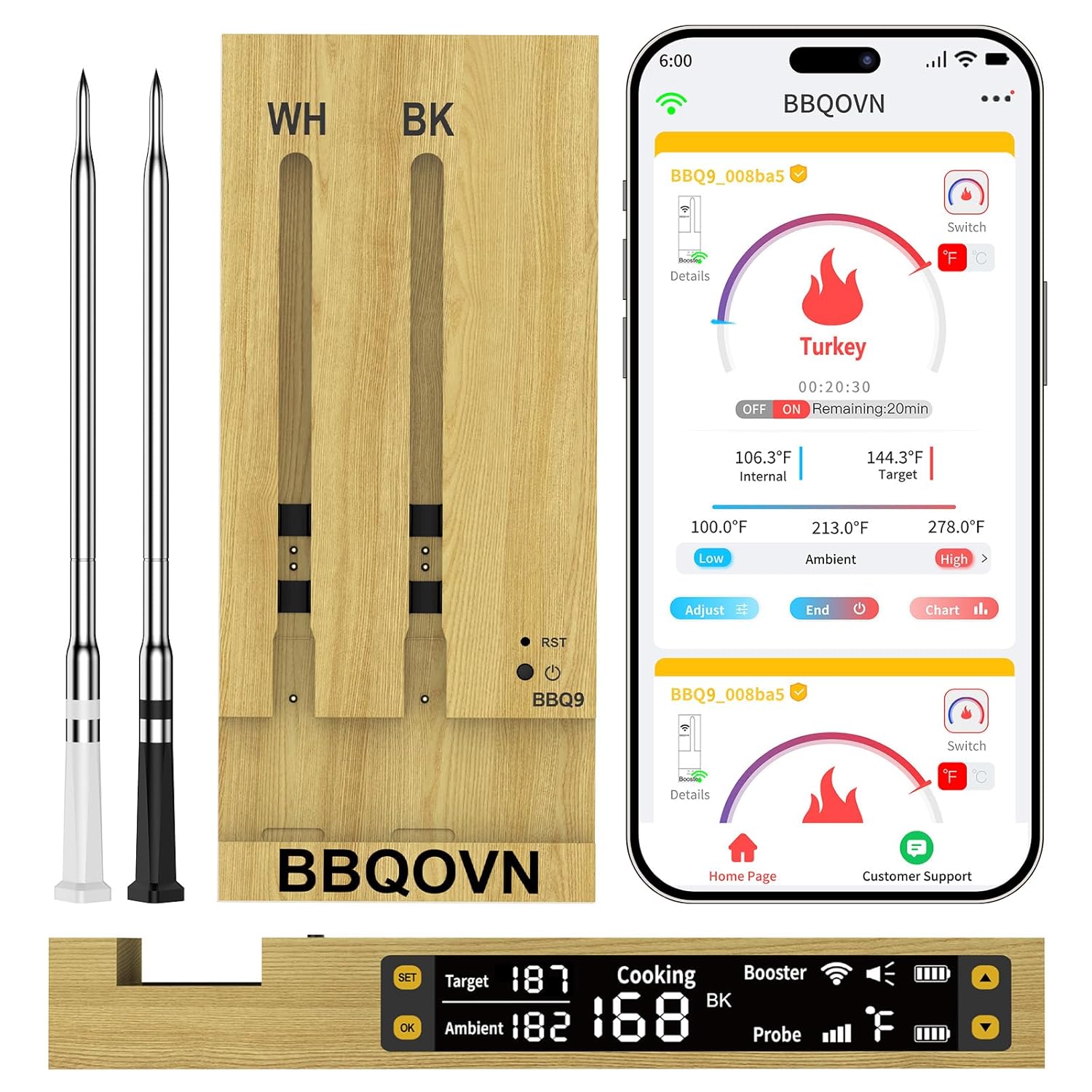 WIFI Wireless Meat Thermometer Unlimited Range 7 NIST Certified Accuracy Sensors Sub-1G(10X Stronger than Bluetooth)APP&Magnetic Smart Digital Base for BBQ,Oven,Smoker,Grill (2, black, small)