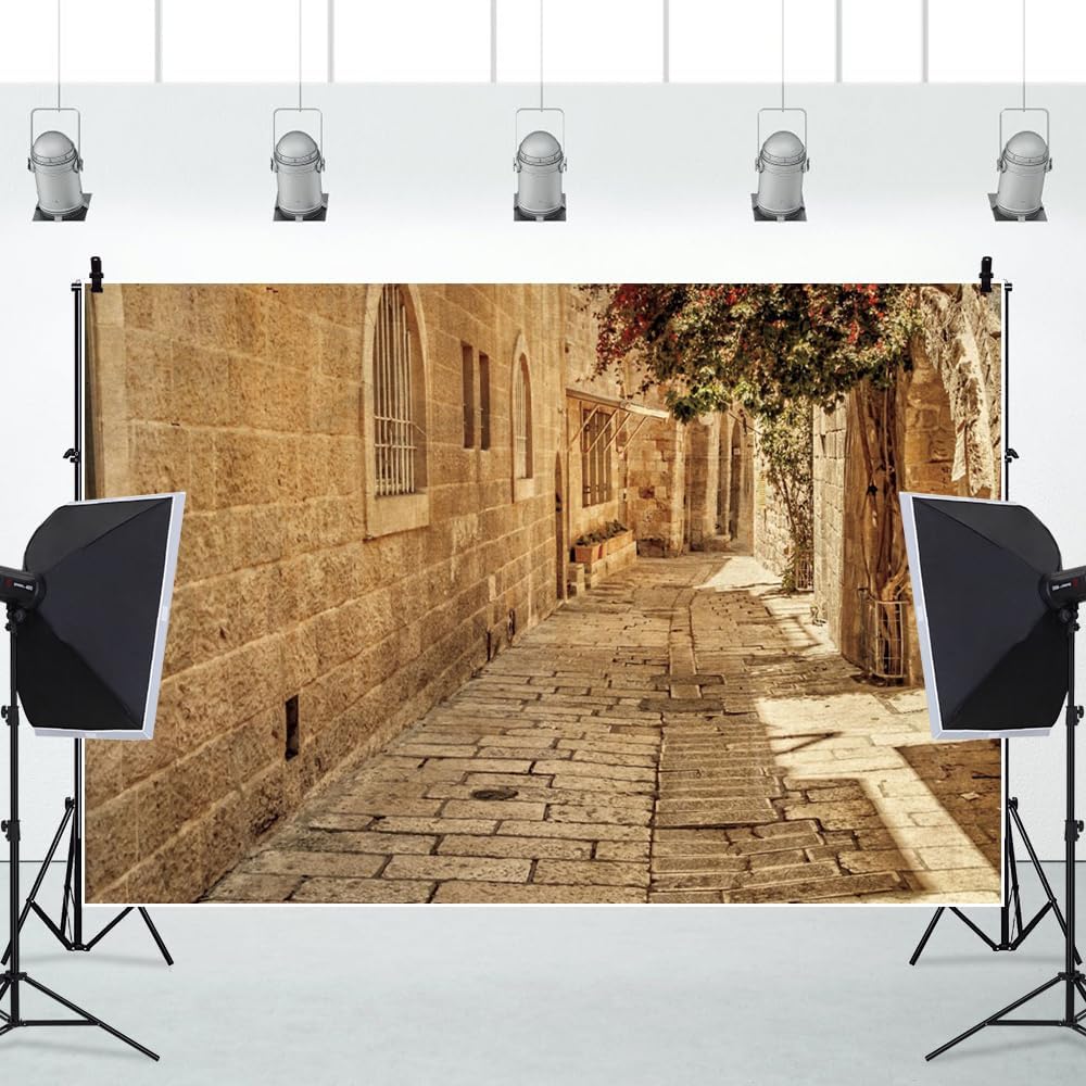 8x4ft Vinyl XMJJKUF Stone Street Backdrop Cityscape Jerusalem Old Street Path Citywalk Background for Baby Shower Children Birthday Party Decortaions Banner Portrait Photo Shoot Props