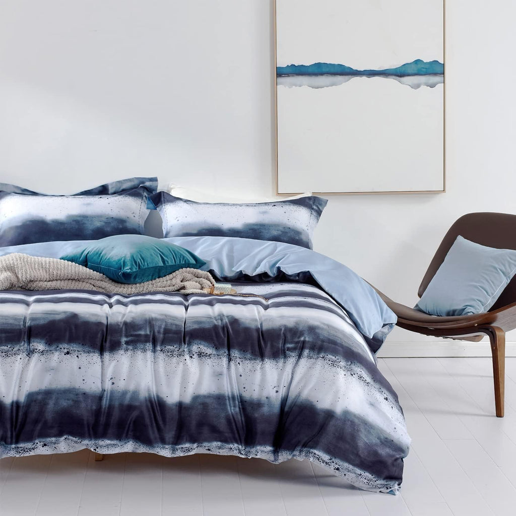 MILDLY Duvet Cover Full Size 100% Long-Staple Cotton Blue Watercolor Comforter Cover Set Modern Ultra Soft Comforter Cover Set 3pcs