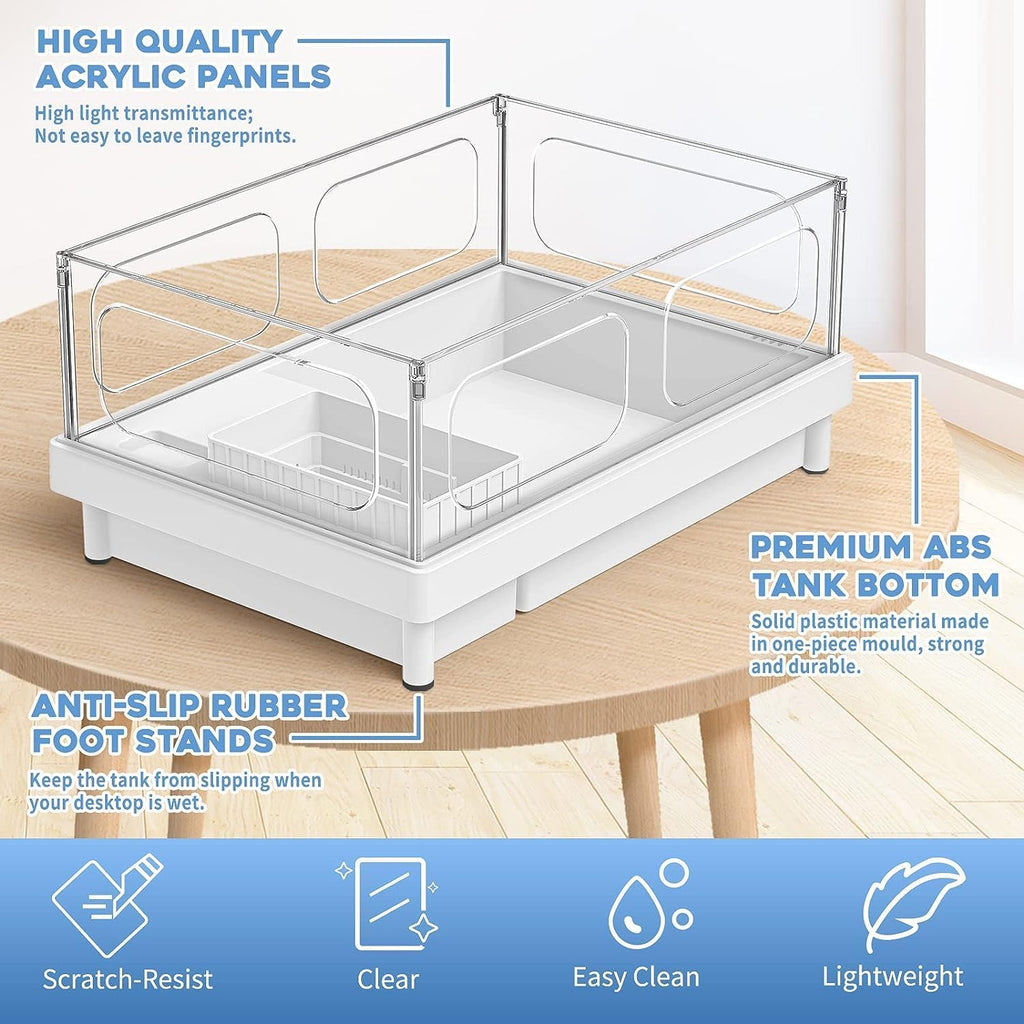 Small Turtle Tank Kit(Tank+Light+Filter), Acrylic Turtle Tank Starter Kit with Basking Platform, Bottom Drainage, Multi-Function Areas for Turtles, Crayfish, Small Reptiles.(White+Black)