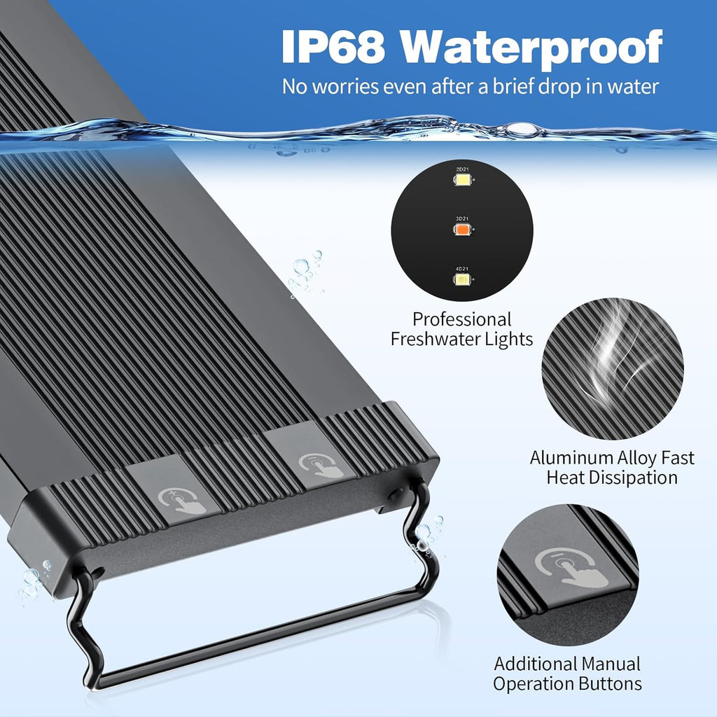 Bluetooth LED Aquarium Light with APP Control, 3 Modes for 12-18 Inch Fish Tank Light with Full Spectrum White Blue Red Green Lights, IP68 Waterproof with Extendable Brackets for Freshwater