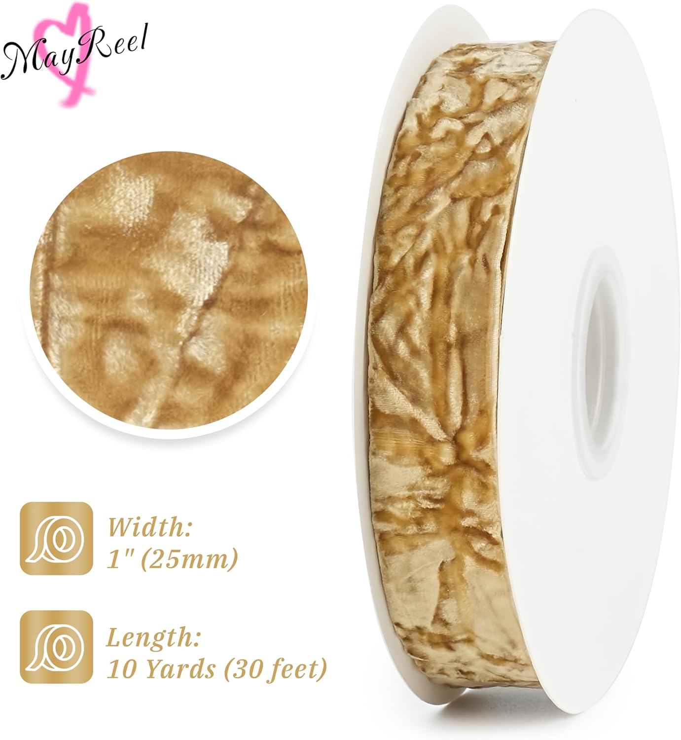MAYREEL 1 Inch Khaki Crushed Velvet Ribbon Beige Vintage for Flower Bouquets Wedding Invitations Crafts Gift Wrapping Party Favor Boxes 10 Yards