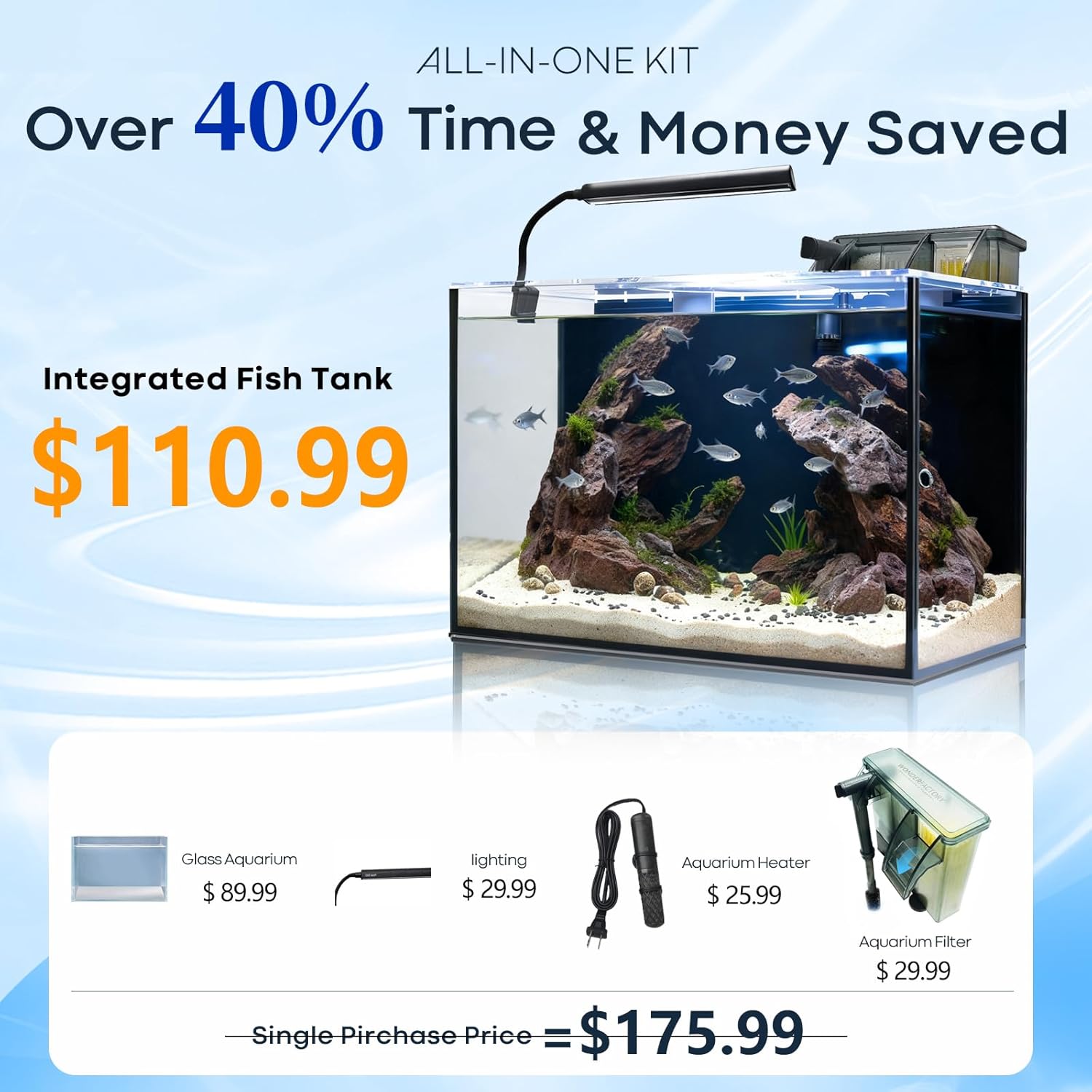 10 Gallon Aquarium Set Glass Fish Tank, with Heater Water Pump Cleaning System Filter with Media Bright Light, Leak-Proof Clear Rimless Betta Tropical Freshwater Fish