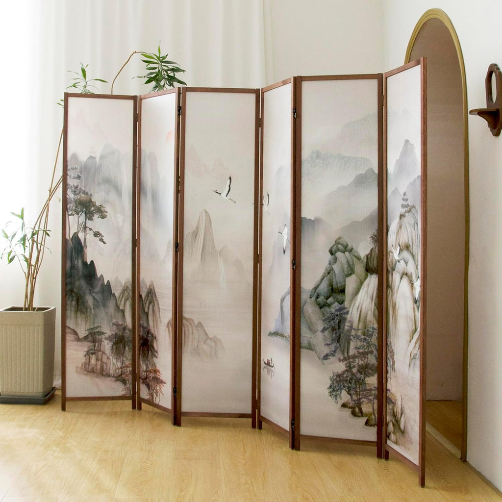 6 Panel Room Divider Folding Privacy Screen,5.6 FT Tall Double Faced Panel Screen,Blackout Panel Divider for Room Seperation,Plain Landscape