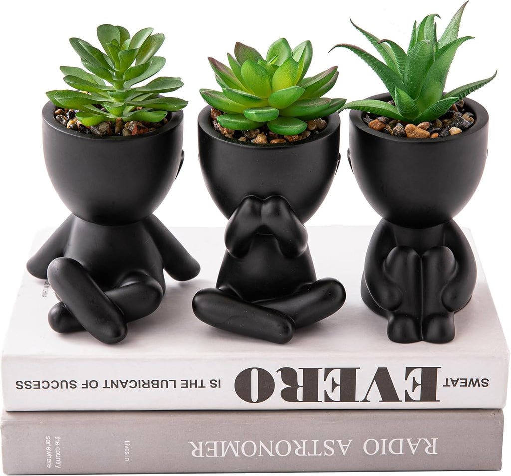 HEYO-YEPY 3PCS Cute Artificial Plant Office Decor for Women and Men, Aesthetic Desk Plant Decor for Office and Home, Potted Small Fake Plants for Indoor Decoration, Black Pots Green Plants