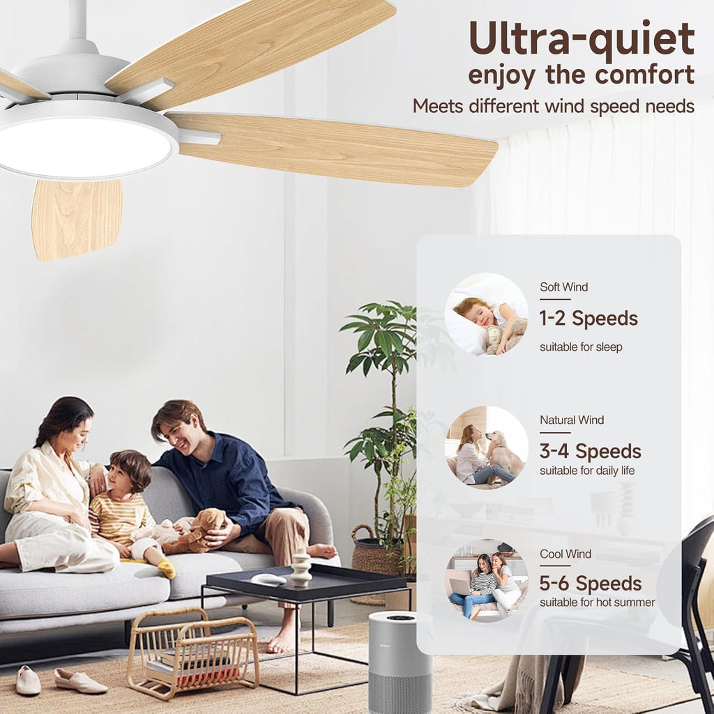 Roomratv Ceiling Fans with Lights,52 inch Smart Ceiling Fans with Dimmable LED Light Compatible with Google Home Alexa App Control(white