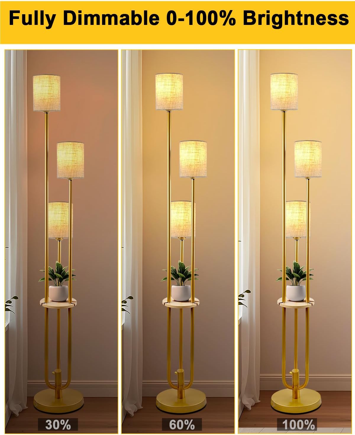 Lightdot Floor Lamp with Table and Shelves for Living Room Bedroom Shelf Floor Lamps with Linen Shade Dimmable Standing Lamp Vintage Retro Midcentury Gold Tall Floor Lamp Candle Holder Style