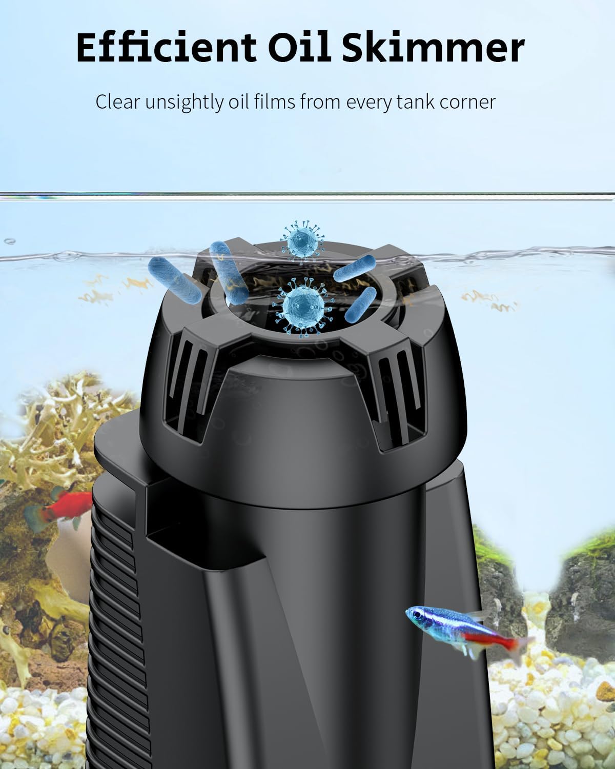 Pawfly 42 GPH 3 W Aquarium Surface Skimmer for Fish Tanks up to 45 Gallons, Aquarium Oil Film Processor, Fish Tank Filter with Bio Sponge & Suction Cups, Fish Tank Oil Skimmer, Oil Film Remover