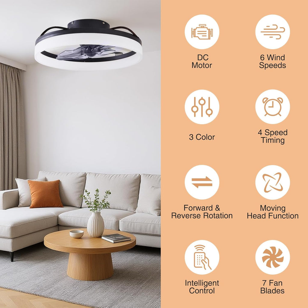 LED Ceiling Fan, 20" Low Profile Ceiling Fan with Lights and Remote, 6 Speeds, Dimmable 3000K–6500K LED, App & Remote Control, for Bedroom/Kitchen/Living Room, Black