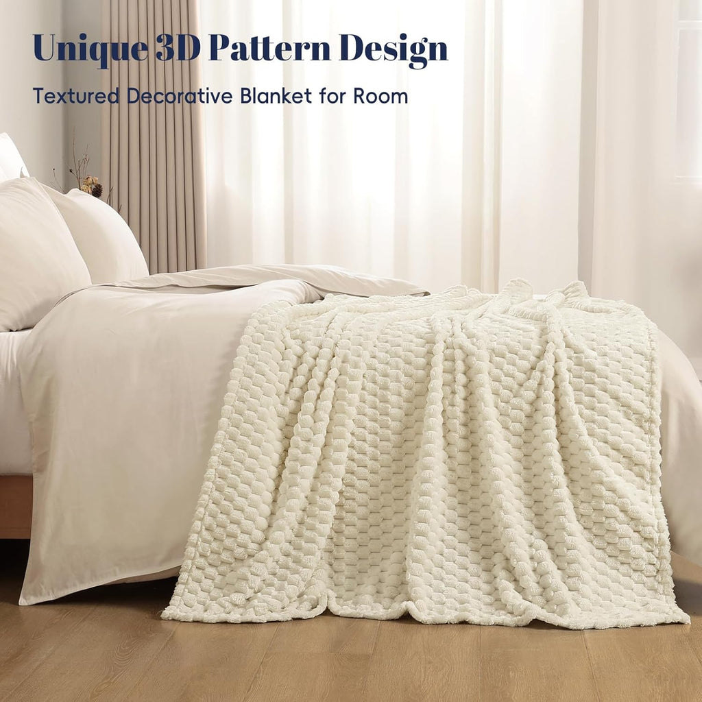 PHF Ultra Soft Flannel Fleece Throw Blanket, Lightweight 3D Jacquard Fleece Blanket, No Shedding, No Pilling, Luxury 340GSM Aesthetic Fluffy Cozy Throws for Couch Room Decor, 50"x60", Cream