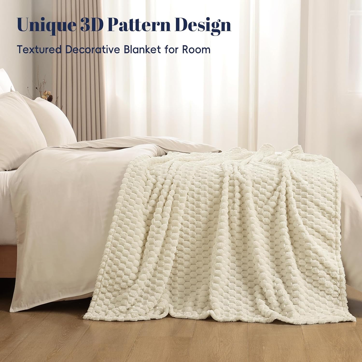 PHF Ultra Soft Flannel Fleece Throw Blanket, Lightweight 3D Jacquard Fleece Blanket, No Shedding, No Pilling, Luxury 340GSM Aesthetic Fluffy Cozy Throws for Couch Room Decor, 50"x60", Cream