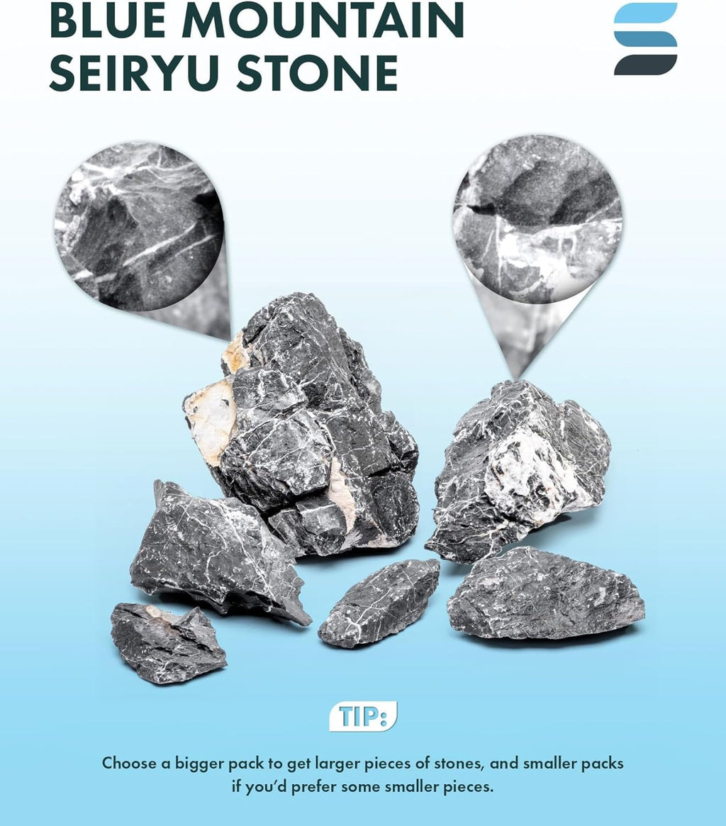SubstrateSource Natural Aquarium Stones - Dark Bluish-Grey w/White Veins - Iwagumi Aquascaping Rocks, Freshwater Tanks, Cichlids, Betta Fish & Shrimp Tank Decorations - Blue Mountain Seiryu, 5 LB